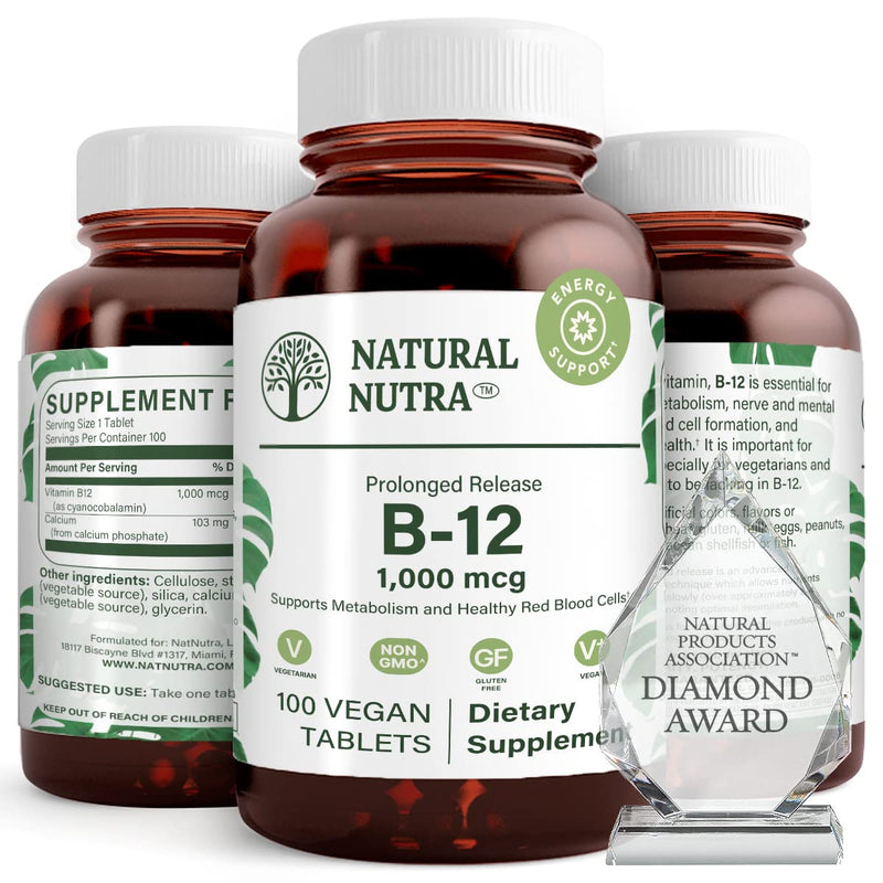 Natural Nutra Vitamin B12 1000 mcg, 100 Vegan Tablets | Promote Heart & Nerve Health, Cobalamin B12 Supplement, Help in Metabolism Health, Optimal Absorption, Gluten-Free,Sugar-Free 100 Count (Pack of 1)