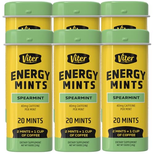 Viter Energy 40mg Caffeine Mints - Sugar Free, B Vitamins, Vegan, Boosts Fast Energized Alert Focus, Caffeinated Nootropic Supplement Pills (Spearmint Flavor, 20pcs, 6 Pack, 120pcs Total) Spearmint 20 Count (Pack of 6)