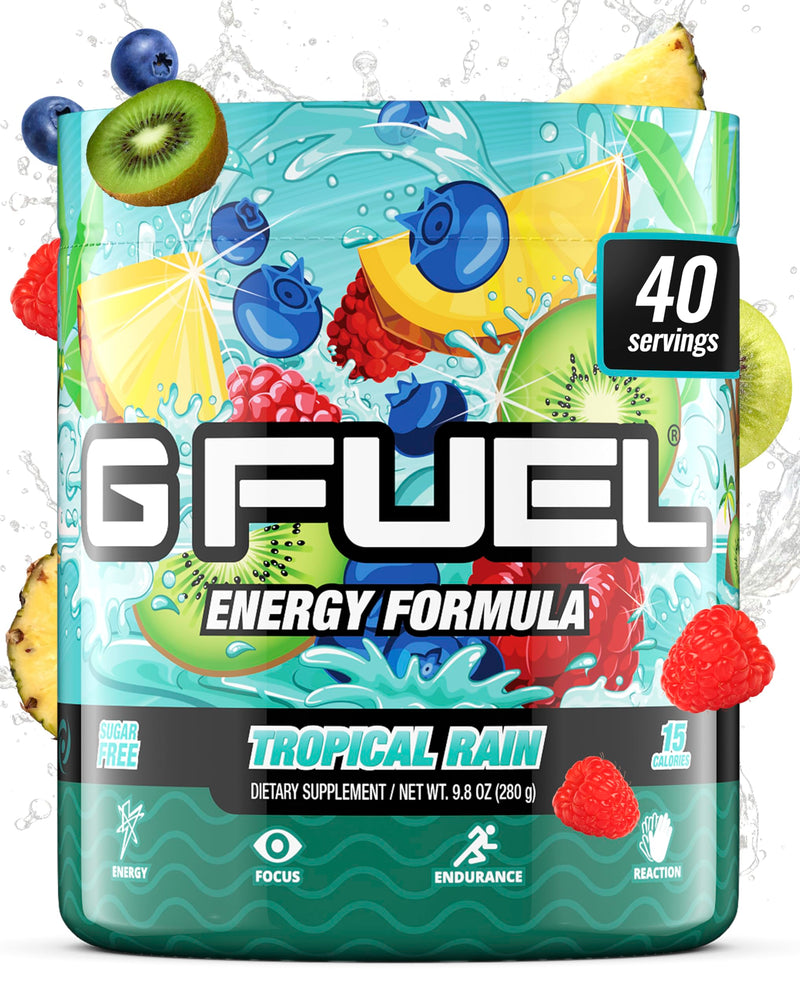 Gamma Labs G Fuel Tropical Rain Energy Drink Powder, Pre Workout Caffeine Mix for Gaming, Sugar Free Focus Amino, Vitamin + Antioxidants, 9.8oz Fruit Medley, 40 Servings Pineapple Raspberry Medley