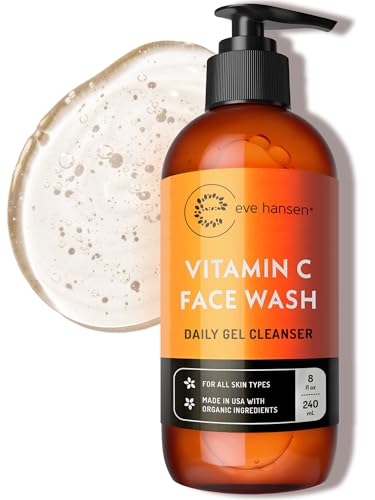 Eve Hansen Vitamin C Cleanser Face Wash - HUGE 8 oz Gentle Facial Cleansing Gel for Uneven Skin Tone, Age Spots and Fine Lines - Natural Face Soap with Aloe Vera, Green Tea, Ginseng 8 Fl Oz (Pack of 1)