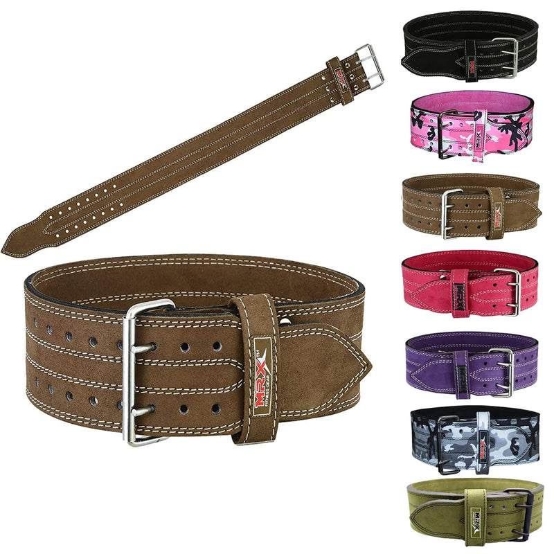 MRX Powerlifting Leather Belt 4" Wide 10mm Thickness Training Fitness Back Support Bodybuilding Belts with Steel 2 Prong Buckle XLarge Brown - BeesActive Australia