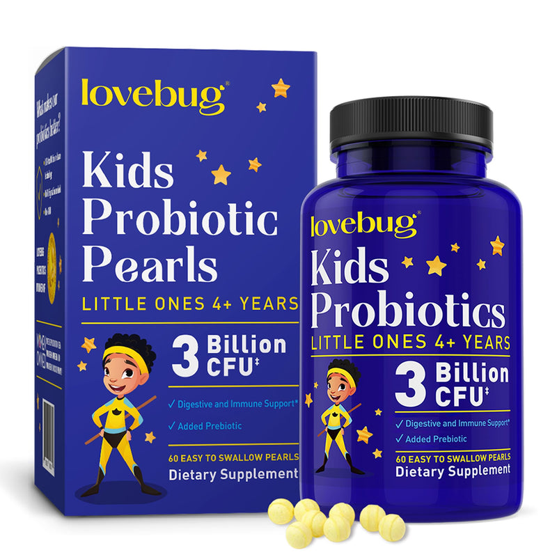 LOVEBUG Probiotics for Kids - Kids Probiotic Chewables with Prebiotics for Aged 4+, Daily Children’s Gut Health, Constipation, Digestive & Immune Support Supplement, Sugar-Free, 60 Soft Pearls 60 Count (Pack of 1)