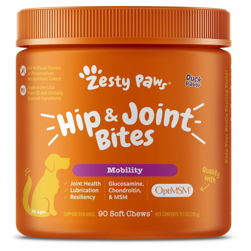 Zesty Paws Hip and Joint Supplement for Dogs - Glucosamine for Dog Joint Supplement - with Chondroitin, MSM, Vitamins C and E for Dog Joint Relief - Mobility Bites Duck – 90 Count 90 Count (Pack of 1) - BeesActive Australia