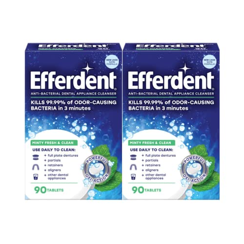 efferdent Retainer & Denture Cleaner, Minty Fresh & Clean Oxi-Action Tablets, Daily Cleanser Dissolves Stains, Removes Odors, Freshens Dental Appliances, 90 Count (Pack of 2) 90 Count (Pack of 2)