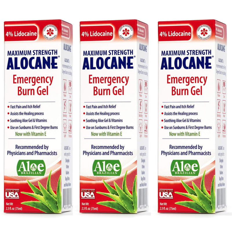 Alocane Max Emergency Burn Gel, 4% Lidocaine Hydrochloride, .13% Benzalkonium Chloride, Maximum Strength Relief, Itch Relief, For Sunburns, Kitchen, Chemical, First-Degree Burns, 2.5 Fl Oz (3 Pack) 2.5 Fl Oz (Pack of 3)
