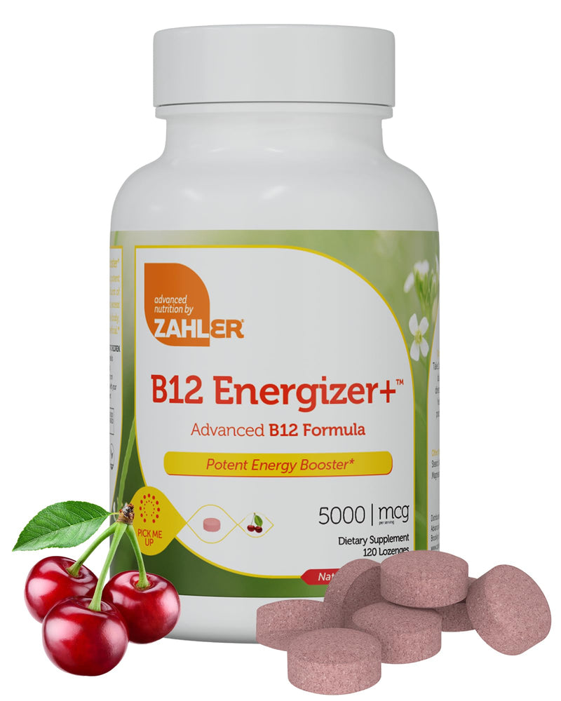 Zahler Energizer+ Vitamin B12-5000 mcg - Natural Cherry Flavor Dissolvable Lozenges - Kosher Gluten Free Non-GMO Vitamins, Energy Boost, Made in USA (120 Count) 120 Count (Pack of 1)