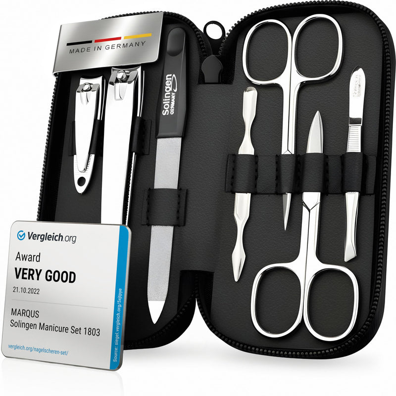 Manicure Set Solingen Made in Germany - 7 Piece Exclusive Finger & Toe Nail Clippers Kit for Women and Men in Real Leather Case, Color Black Nappa Black