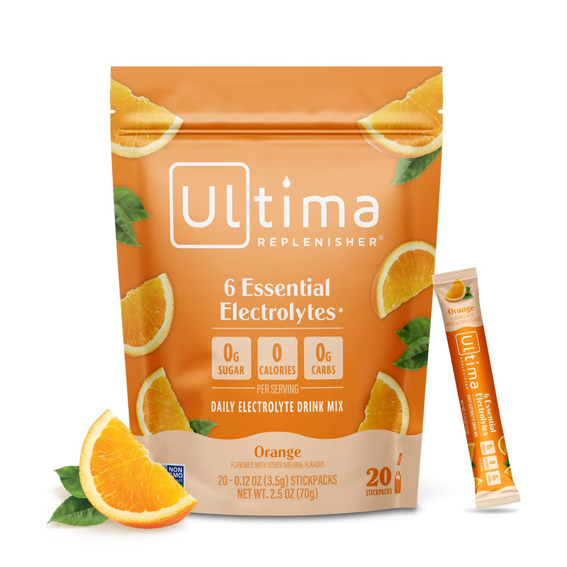 Ultima Replenisher Daily Electrolyte Powder Drink Mix ‚ÄìSugar Free ‚Äì Orange, 20 Stickpacks ‚Äì Hydration Packets with 6 Key Electrolytes and Trace Minerals ‚Äì Keto Friendly, Vegan, Non-GMO