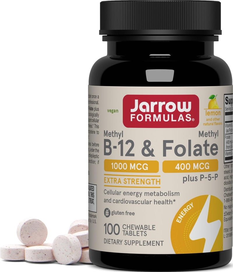 Jarrow Methyl B-12 & Methyl Folate Supplement, 100 Chewable Tablets | Bioactive Vitamin B12 & B9 Supplement, Supports Cellular Energy Production, Healthy Brain Function & Metabolism, 100 Servings 100 Count (Pack of 1)