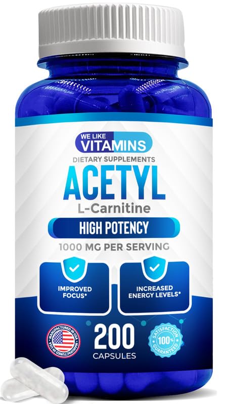 We Like Vitamins Acetyl L-Carnitine 1000mg Capsules - 200 Easy to Swallow Veggie Capsules - Acetyl l Carnitine Supplement Helps Support Focus, Brain Function, and Energy 200 Count (Pack of 1)