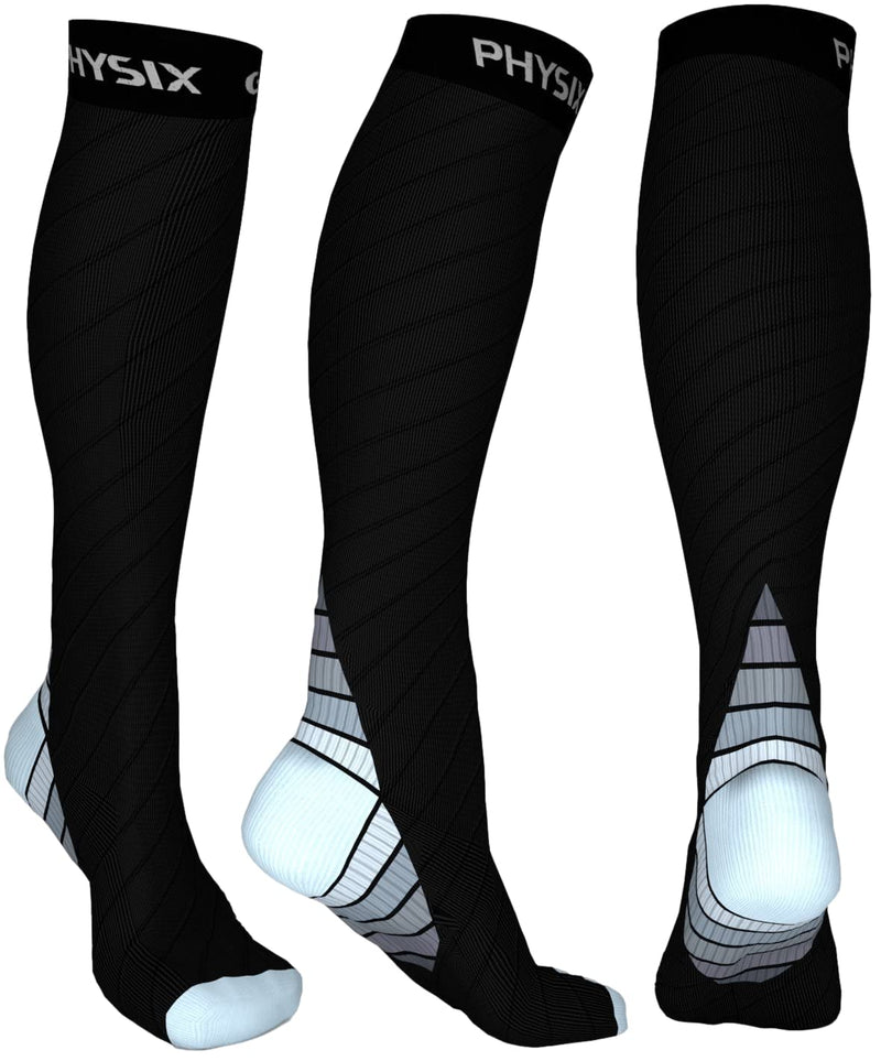 Physix Gear Compression Socks 20-30 mmHg - Men & Women - Running, Nurses, Shin Splints, Flight, Travel Black/Grey L/XL - BeesActive Australia
