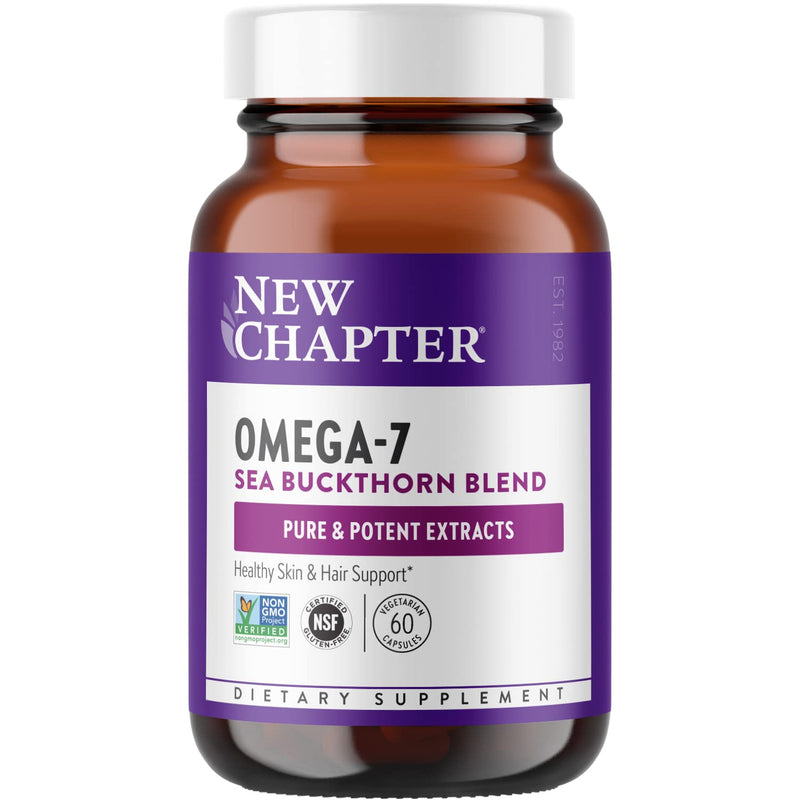 New Chapter Supercritical Omega 7 Supplement, 60 Count | Sea Buckthorn with Plant-Sourced Fatty Acids and Omega 7 for Skin, Mucous Membrane and Hair Support, Vegetarian Unflavored 60 Count (Pack of 1)