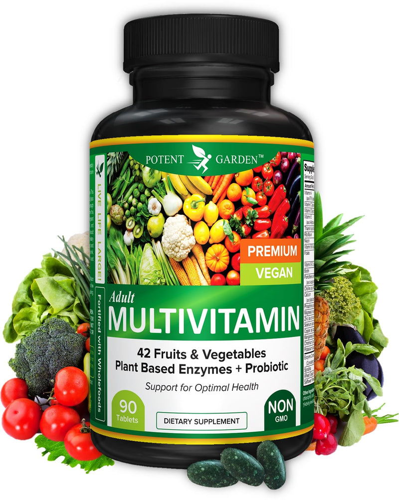Potent Garden Multivitamin for Men & Women – 42 Fruits & Vegetables, Probiotics & Enzymes, Daily Whole Food Supplement for Energy, Immune Support & Digestion, Non-GMO, 90 Tablets