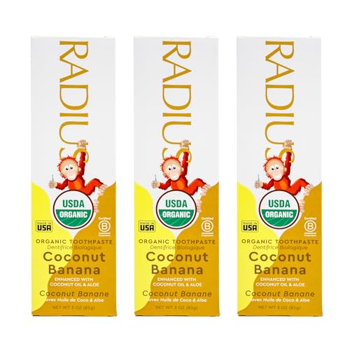 RADIUS USDA Organic Kids Toothpaste 3oz Non Toxic Chemical-Free Gluten-Free Designed to Improve Gum Health for Children's 6 Months and Up - Coconut Banana - Pack of 3 3 Ounce (Pack of 3)
