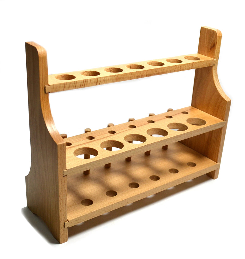 Laboratory Wood Test Tube Rack, 13 Hole, 6 Pin - 2 Shelves, Hole Size 20mm Lower - 26mm Upper - for Tall Test Tubes or stirrers - No Tip Design