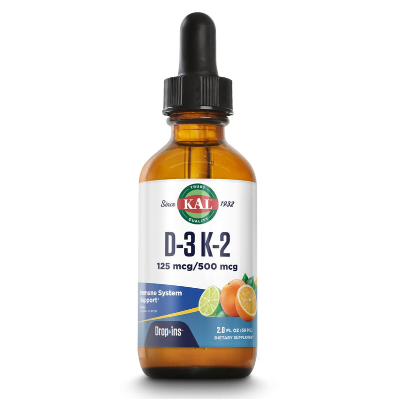 KAL D3 K2 DropIns 125/500 mcg, Natural Citrus Flavor, 2 fl oz | Bone, Teeth, Heart & Immune Support - Liquid Vitamin D3 & K2 - Approximately 59 Servings - Lab Verified