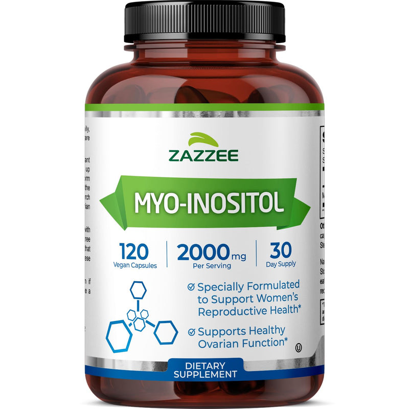 Zazzee Myo-Inositol Capsules, 2000 mg per Serving, 120 Vegan Capsules | Ideal Dosage for 40:1 Ratio, Certified Kosher, Hormone Balance & Healthy Ovarian Function Support, Non-GMO, Made in the USA 120 Count (Pack of 1)