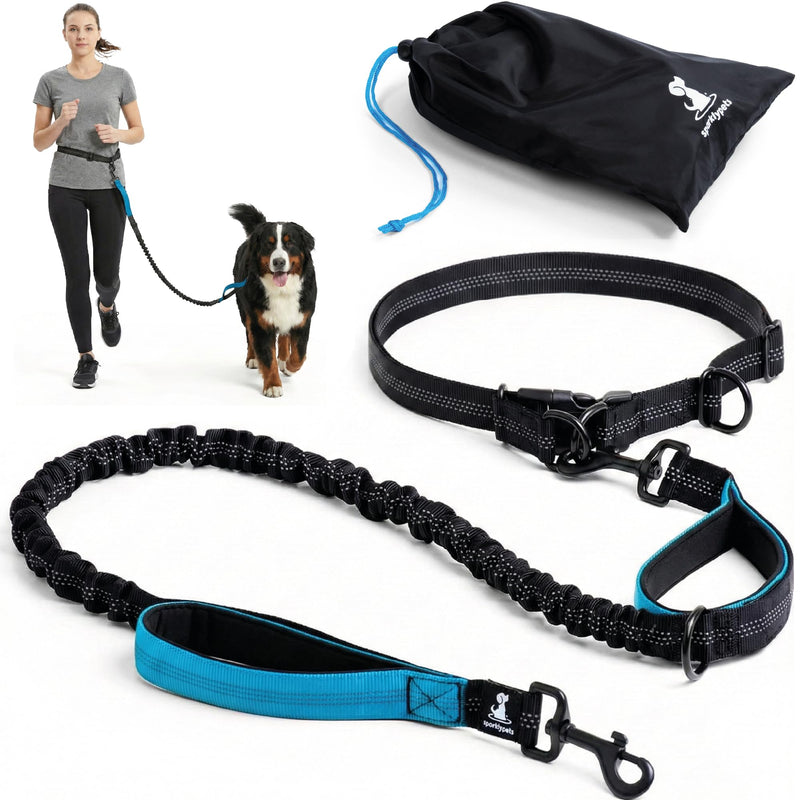 SparklyPets - Hands Free Dog Leash with Reflective Stitches - Waist Leash for Dog Walking, Hiking, Training, Jogging, Canicross, Running - for Medium & Large Breeds Blue 1 dog M/L