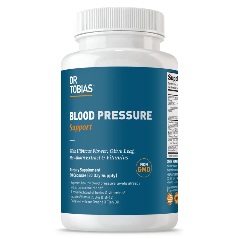 Dr. Tobias Blood Pressure Support Supplement 90 Capsules | Circulatory & Heart Health Support | Hawthorn + Hibiscus + Olive Leaf + Garlic | Vitamins B6, B12 & C