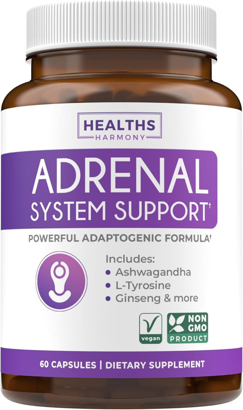 Adrenal System Support & Cortisol Manager (2 Month Supply) Powerful Ashwagandha & L-Tyrosine Fatigue Supplement - Maintain Balanced Cortisol Levels, Health, & Stress Relief - Non-GMO - 60 Capsules 60 Count - BeesActive Australia