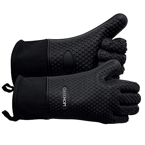 GEEKHOM BBQ Gloves Heat Resistant, 13.7 Inch Long Waterproof Silicone Oven Mitts for Grilling and Smoker, Non-Slip 5 Finger Kitchen Hot Mitts for Baking, Cooking & Cast Iron, Black Large