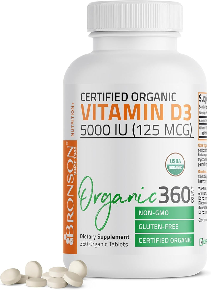 Bronson Vitamin D3 5,000 IU (125 mcg), USDA Certified Organic, 360 Tablets | Bone, Muscle, Immune & Nervous System Support, Non-GMO, Gluten-Free, Soy-Free, Wheat-Free & Nut-Free 360 Count (Pack of 1)