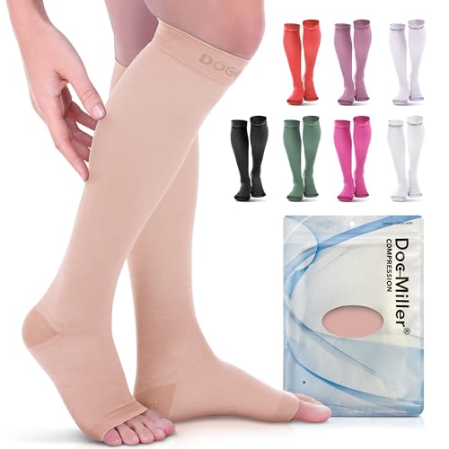 Doc Miller Open Toe Compression Socks, 20-30 mmHg, Knee High, Men & Women Large Skin/Nude
