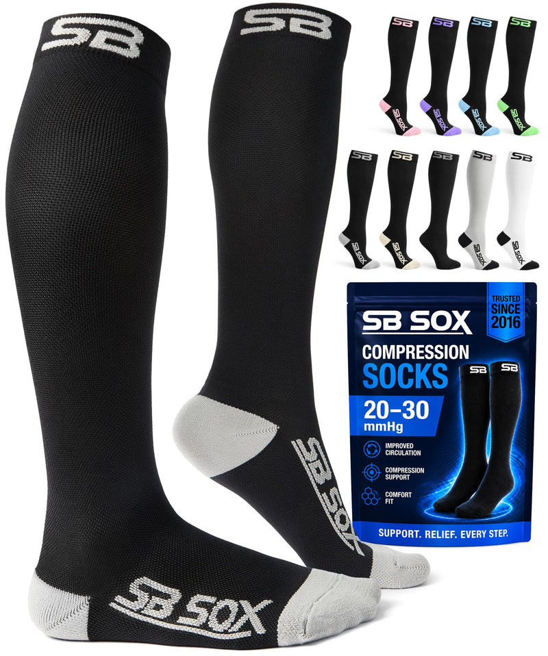SB SOX Compression Socks for Men & Women (20-30mmHg) Large Black/Gray