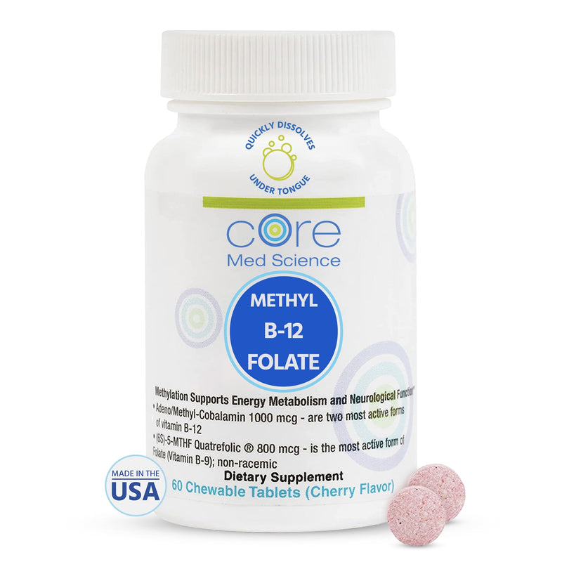Core Med Science Methyl B12 Folate Supplement for Women & Men (60 Count) | 5-MTHF Pills Support Mood, Cognitive, & Heart Health - Methylfolate Vitamin B9 for Homocysteine Levels & Methylation Cycle 60 Count (Pack of 1)