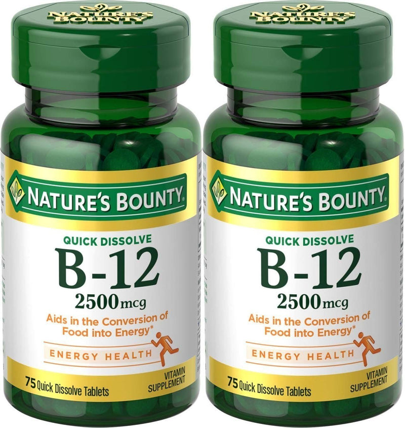 Natures Bounty Vitamin B-12, Quick Dissolve, 2500 mcg, Natural Cherry Flavor 75 ct (2 Pack) 1 Count (Pack of 150)