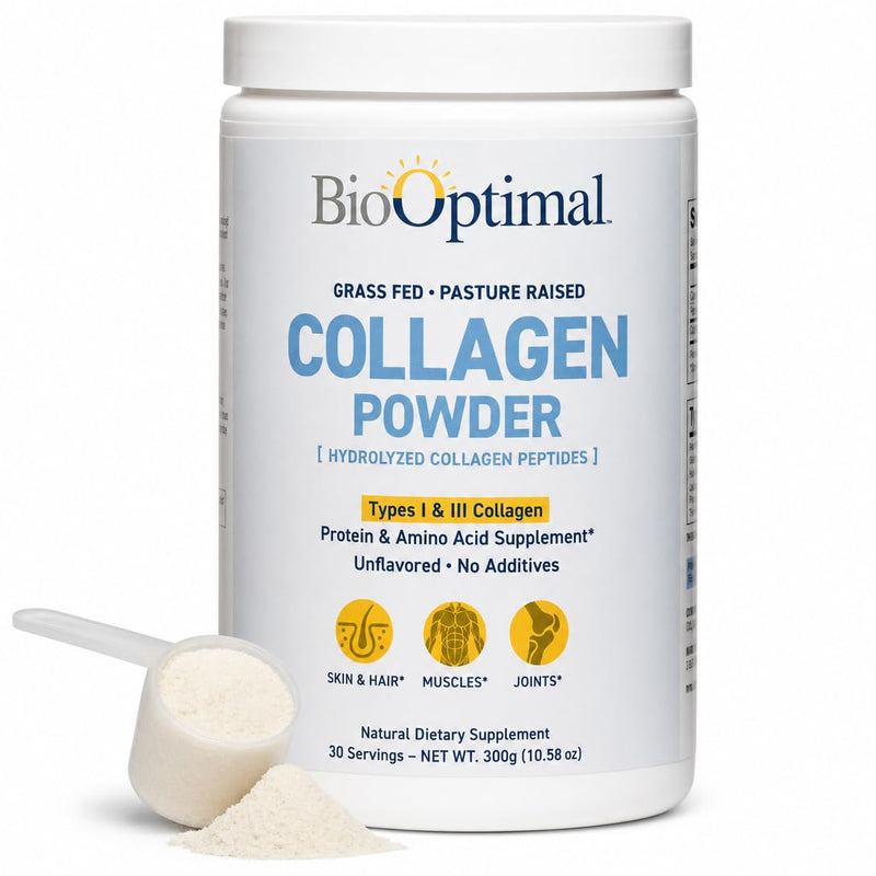 BioOptimal Grass-Fed Hydrolyzed Collagen Powder, Unflavored, Skin & Joints | Hydrolyzed Type I & III; 10g per scoop; 30 servings; non-GMO; gluten-free; no sugar or preservatives; GMP certified