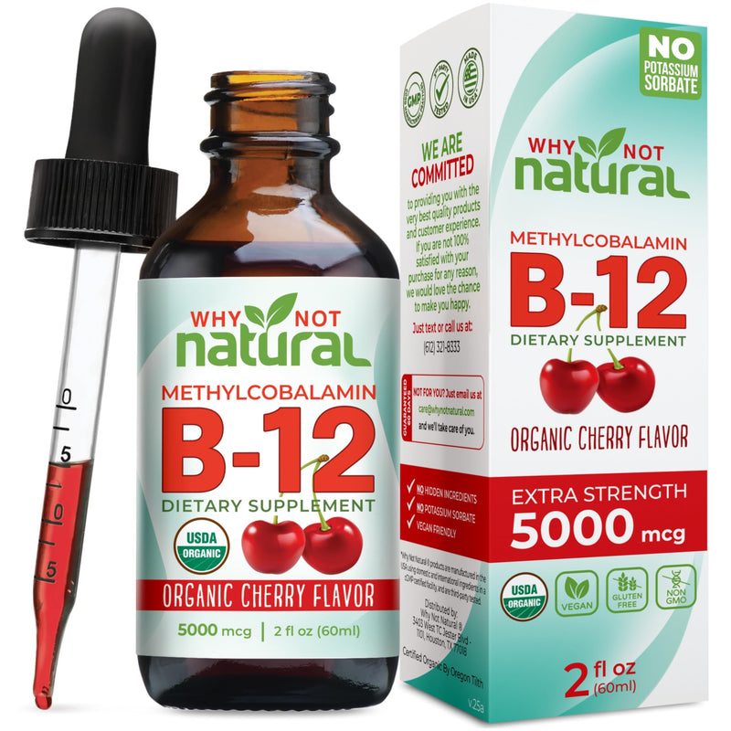 Why Not Natural Organic Vitamin B12 Liquid - Sublingual Extra Strength 60 x 5000 mcg Methylcobalamin Drops, Vegan, Maximize Absorption and Energy 2 Fl Oz (Pack of 1)
