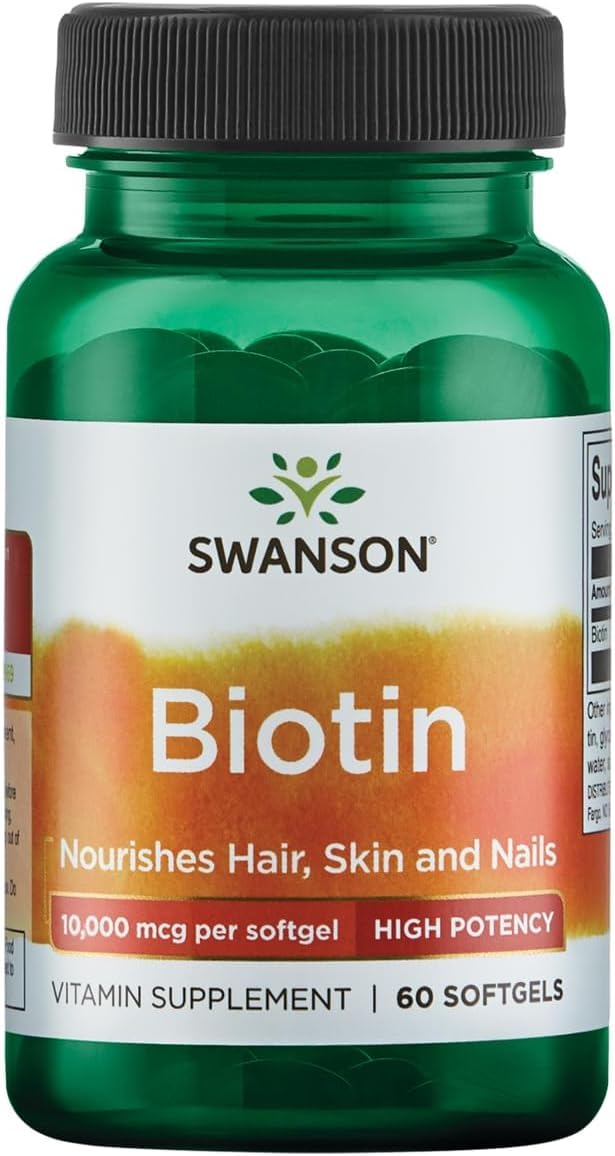 Swanson Super Strength Biotin Vitamin, 10,000 mcg, 60 Softgels | High-Potency Super Strength Biotin Providing Key Nutrients for Healthy Hair, Skin, and Nails, Purely Crafted 60 Count (Pack of 1)