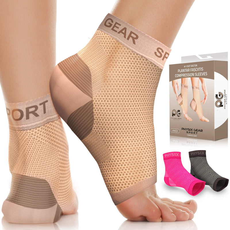 Physix Gear Plantar Fasciitis Socks for Men & Women, Best Foot discomfort & Arch Support Planter Facetious Socks, Compression Foot Sleeves Planter Fasciated Socks for, Beige/Nude (1 Pair), S/M Beige/Nude (1 Pair) - BeesActive Australia