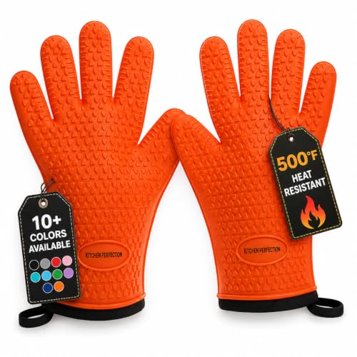 KITCHEN PERFECTION Smoker BBQ Grill Gloves -High Heat Resistant Oven Mitts Orange One Size Fits Most
