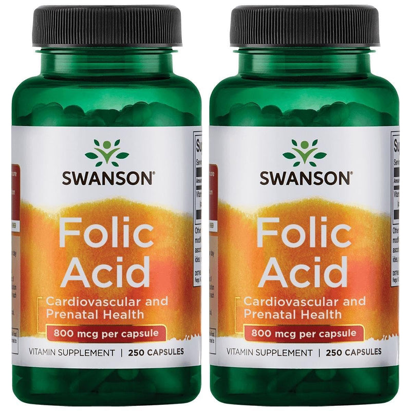Swanson Folic Acid 800 mcg (Folate DFE), 250 Capsules, 2 Pack | Supports Heart Health and Promotes Cell Growth, DNA Synthesis and Red Blood Cell Production, an Important Prenatal Vitamin