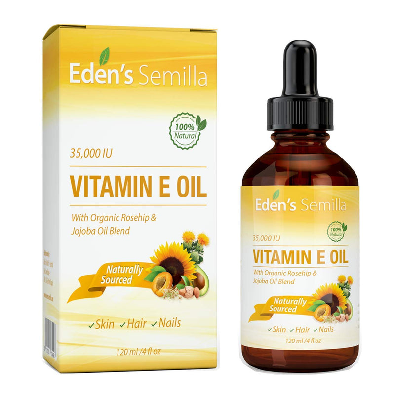 Eden's Semilla 100% Plant Extract Vitamin E Oil 35,000 IU + Organic Rosehip & Jojoba Blend - Fast Absorbing Skin Protection for Face & Body. Pure Ingredients - Ideal for Sensitive Skin - Use Daily 4 Fl Oz (Pack of 1)
