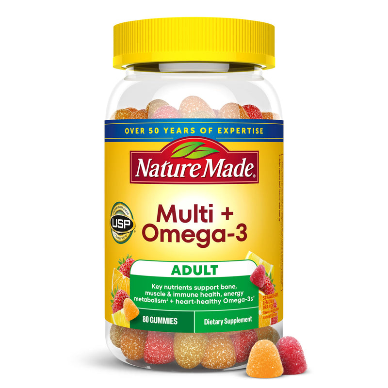 Nature Made Multivitamin + Omega-3, Multivitamin Gummies for Adults, 80 Ct | Adult Gummy Vitamins & Minerals, Multivitamin Gummies for Women and Men, Daily Nutritional Support, 40 Day Supply Strawberry, Lemon & Orange 80 Count (Pack of 1)