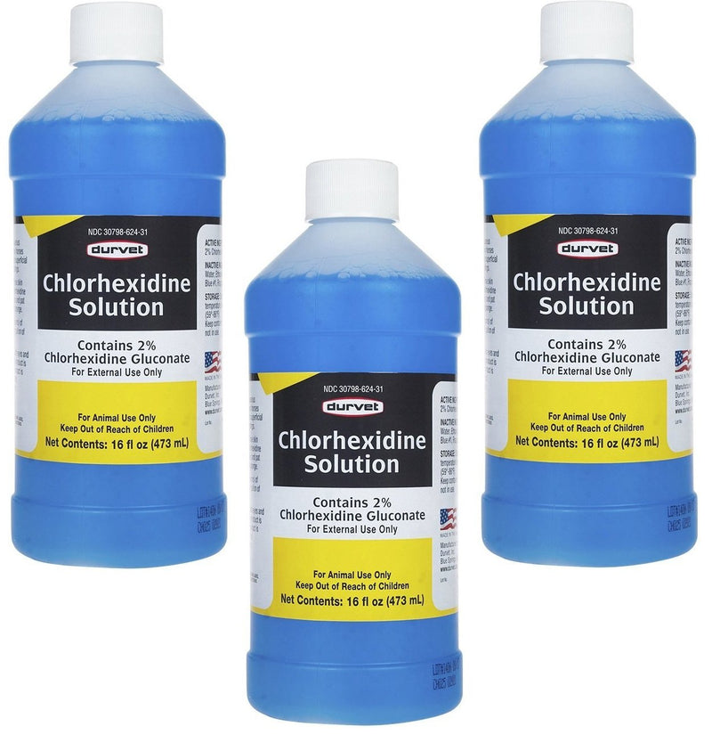 Durvet 3 Bottles of Chlorhexidine Solution, 16 Ounces Each, for Cleaning Superficial Wounds on Dogs and Horses - PawsPlanet Australia