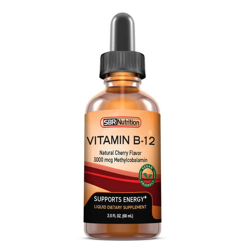 SBR Nutrition Vitamin B12 Sublingual Liquid Drops - Methylcobalamin, VIT B 12 Supports Energy, Max Absorption, 3000mcg Per Serving, 60 Servings, Non-GMO, Vegan Friendly, Manufactured in The USA Natural Cherry - 3000mcg