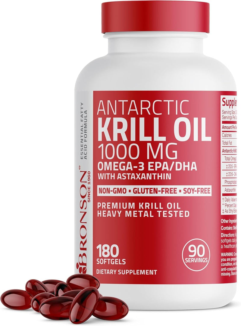 Bronson Antarctic Krill Oil 1000 mg with Omega-3s, 180 Softgels | Heavy Metal Tested, with EPA, DHA, Astaxanthin and Phospholipids, Non-GMO, Gluten Free, Soy Free 180 Count (Pack of 1)