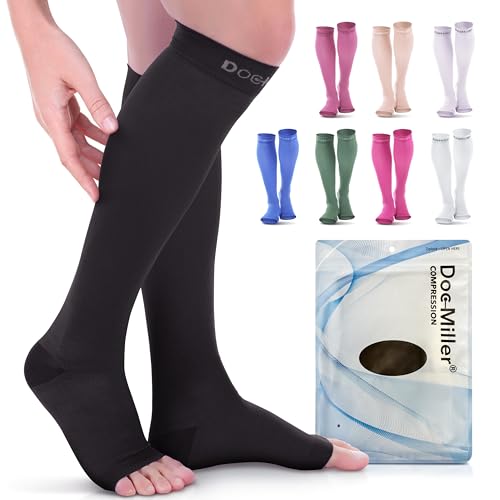 Doc Miller Open Toe Compression Socks, 20-30 mmHg, Knee High, Men & Women X-Large Black