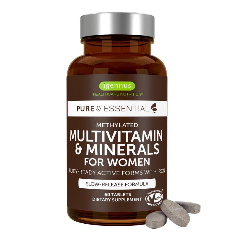 Igennus High Potency Methylated Multivitamin for Women with Gentle Iron | 5-MTHF Folate & Methylcobalamin B12, Pure & Clean, Sustained Release, Active B-Complex & K2 MK-7, Non-GMO, 60 Vegan Tablets 60 Count (Pack of 1)