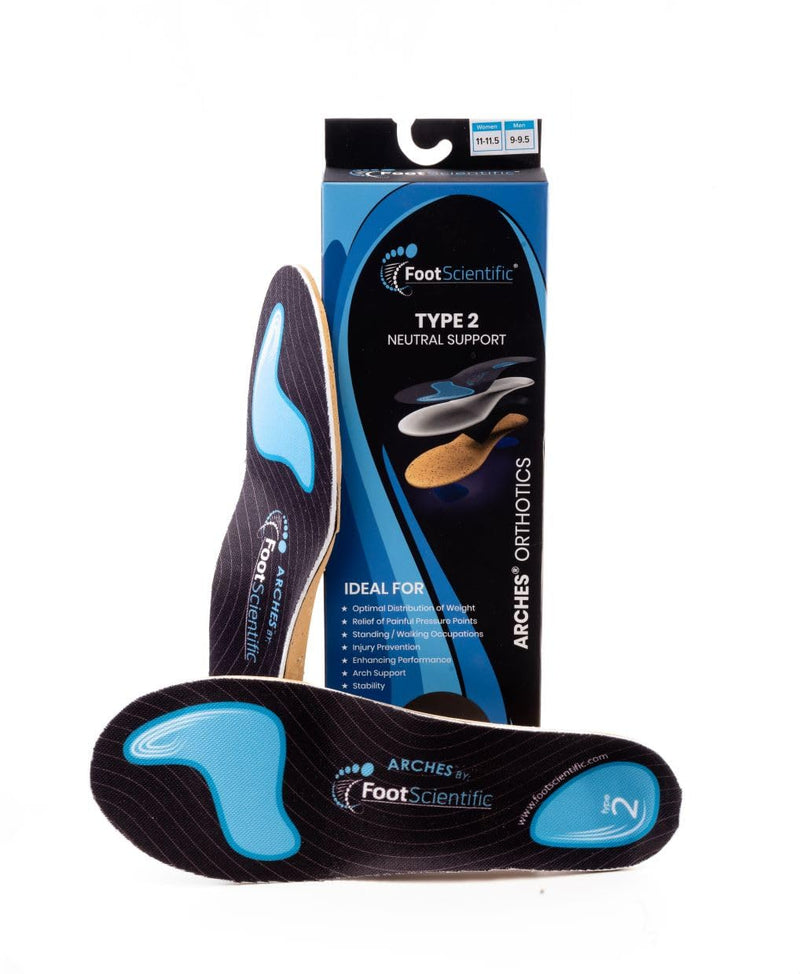Arches Insoles Type 2 - Neutral/All Types, Men’s Size 7-7.5 / Women’s Size 9-9.5 Black, Blue M7-7.5/ W9-9.5