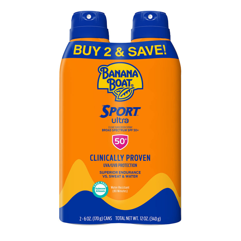 Banana Boat Sport Ultra SPF 50 Sunscreen Spray Twin Pack | Banana Boat Sunscreen Spray SPF 50, Spray On Sunscreen, Water Resistant Sunscreen, Oxybenzone Free Sunscreen Pack, 6oz each 6 Ounce (Pack of 2) - BeesActive Australia