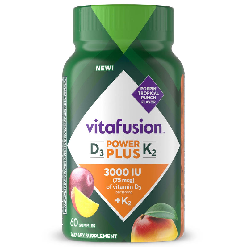Vitafusion Power Plus Vitamin D3 K2 Gummies | 3000 IU Vitamin D | 60 Count | for Adult Women & Men | Tropical Punch Flavor | Gluten-Free Supplement