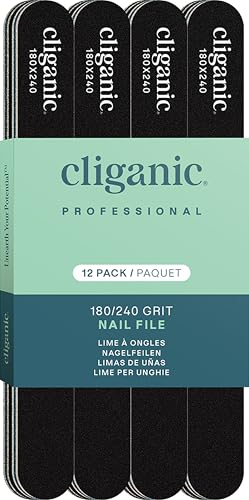 Cliganic 12 Pack Nail File Set: 180/240 Grit | Professional Emery Boards for Natural, Gel & Acrylic Nails | Washable Double Sided Kit | Cliganic 90 Days Warranty 12 Count (Pack of 1)
