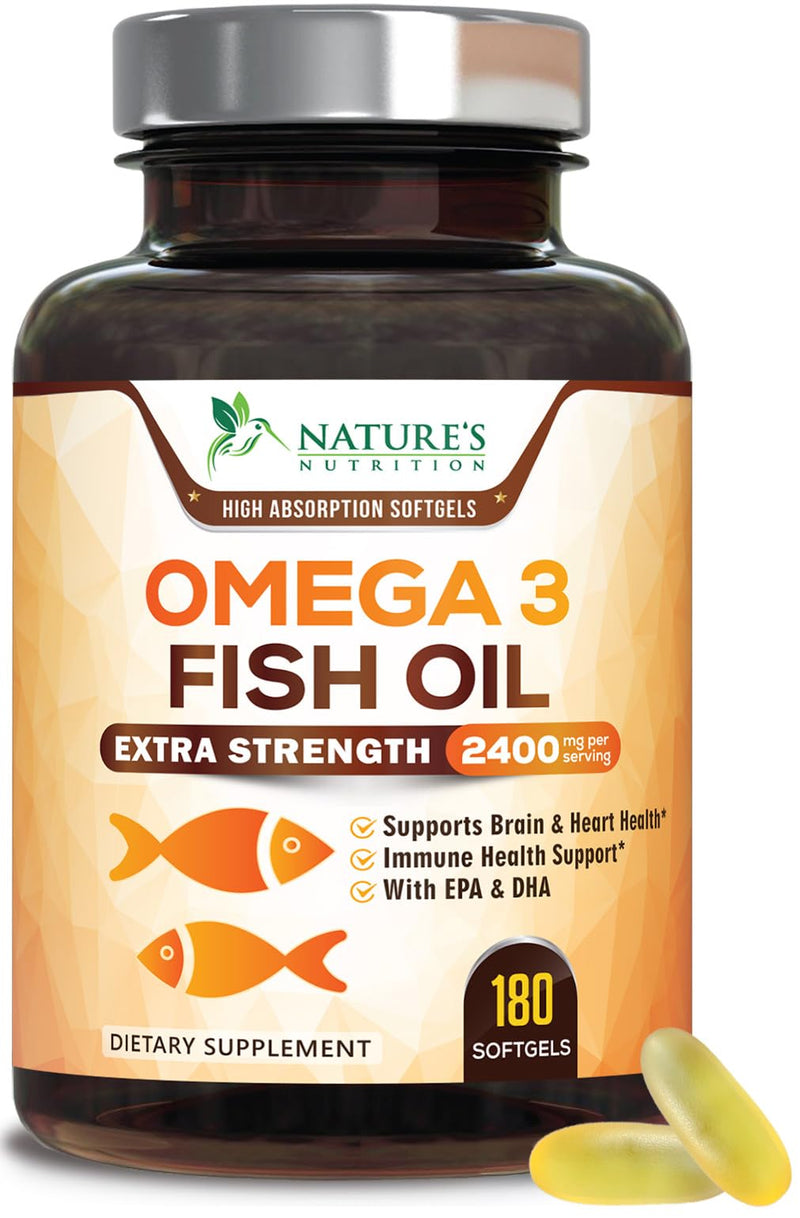 Omega 3 Fish Oil Supplements - 2400mg Fish Oil Per Serving - Triple Strength Omega-3 with EPA & DHA Fatty Acids - Natural Heart, Brain & Immune Support - Wild Caught, Bottled in USA - 180 Softgels 180 Count (Pack of 1)