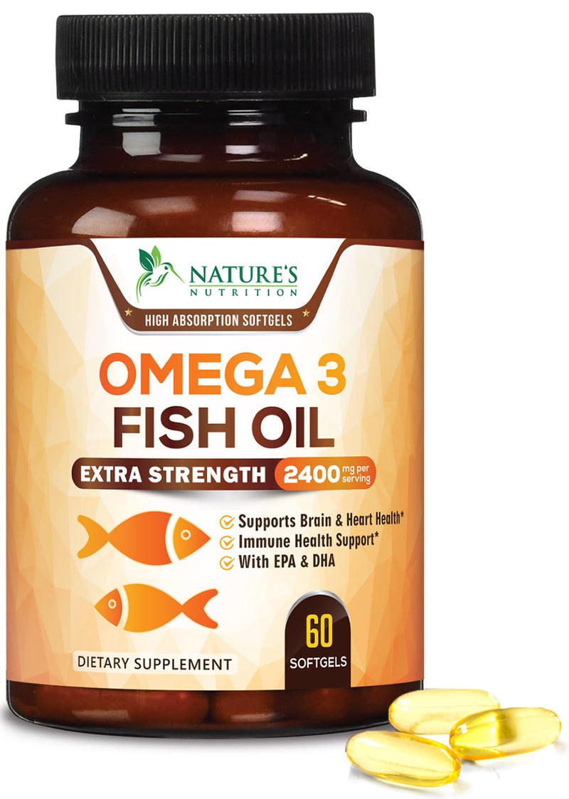 Omega 3 Fish Oil Supplements - 2400mg Fish Oil Per Serving - Triple Strength Omega-3 with EPA & DHA Fatty Acids - Natural Heart, Brain & Immune Support - Wild Caught, Bottled in USA - 60 Softgels 60 Count (Pack of 1)
