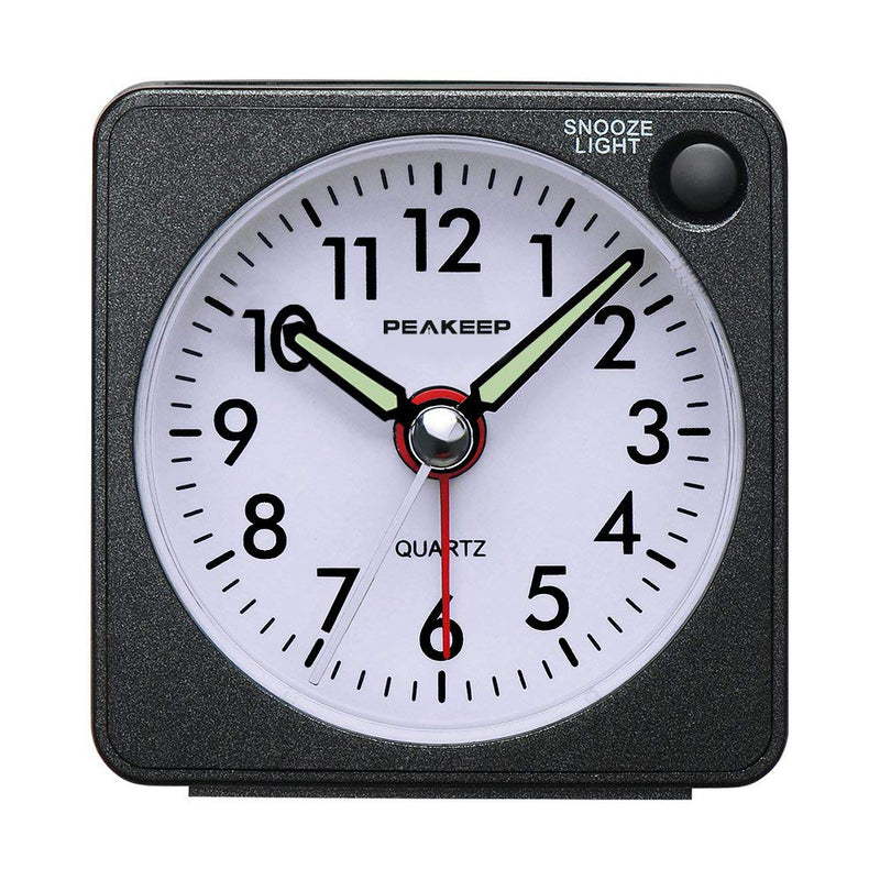 Peakeep Ultra Small, Battery Travel Alarm Clock with Snooze and Light, Silent with No Ticking Analog Quartz (Black) Black - BeesActive Australia